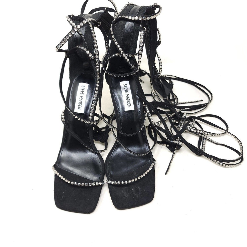 Steve Madden Sandal Heels Justyne Black Glass Rhinestone Tie Up Gladiator 7 - Picture 7 of 10
